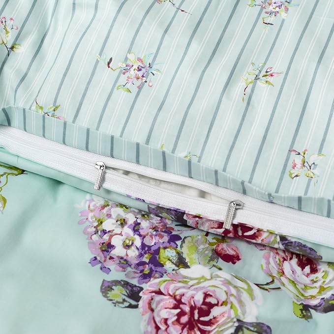 FADFAY Girls Bedding Floral Duvet Cover Set Twin Size Hydrangea Flower 100% Cotton Soft Quilt Cover Set Reversible Zipper Green Blue Bed Cover 3 Piece- No Filling