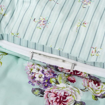 FADFAY Girls Bedding Floral Duvet Cover Set Twin Size Hydrangea Flower 100% Cotton Soft Quilt Cover Set Reversible Zipper Green Blue Bed Cover 3 Piece- No Filling