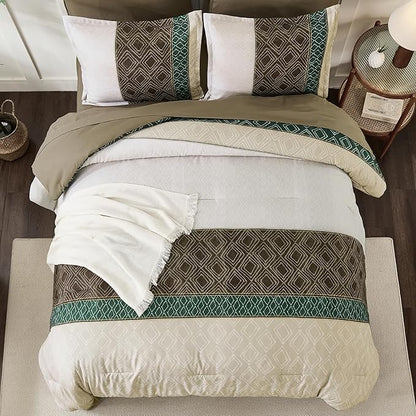 Dinjoy Khaki Brown King Size Comforter Set,Striped Bed in a Bag King Boho 7 Pieces Soft Microfiber Fall Bedding Comforters Sets Bed Lightweight Taupe Complete Set for All Season