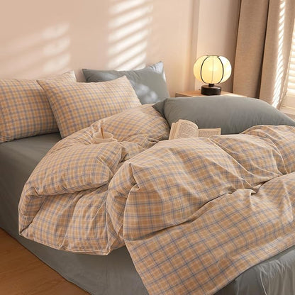 Plaid XL Twin Comforter Set Washed Cotton Down Alternative Bedding Set All Season Fluffy Puffy Boho Bedding Comforter Sets Comfy Soft Cute Machine Washable Bed Comforter with 2 Pillowcases