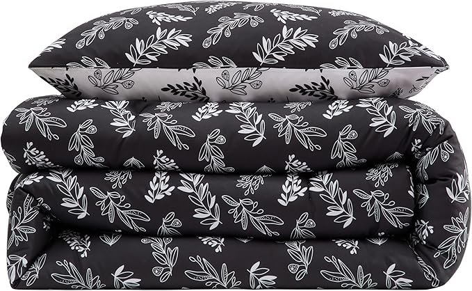 Nestl Twin/Twin XL Comforter Set - Black Bed in a Bag Twin, 2 Pieces Reversible Bed Set, Soft Floral Bedding Set for College Dorm, All Season Botanical Comforters with Pillow Sham