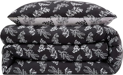 Nestl Twin/Twin XL Comforter Set - Black Bed in a Bag Twin, 2 Pieces Reversible Bed Set, Soft Floral Bedding Set for College Dorm, All Season Botanical Comforters with Pillow Sham