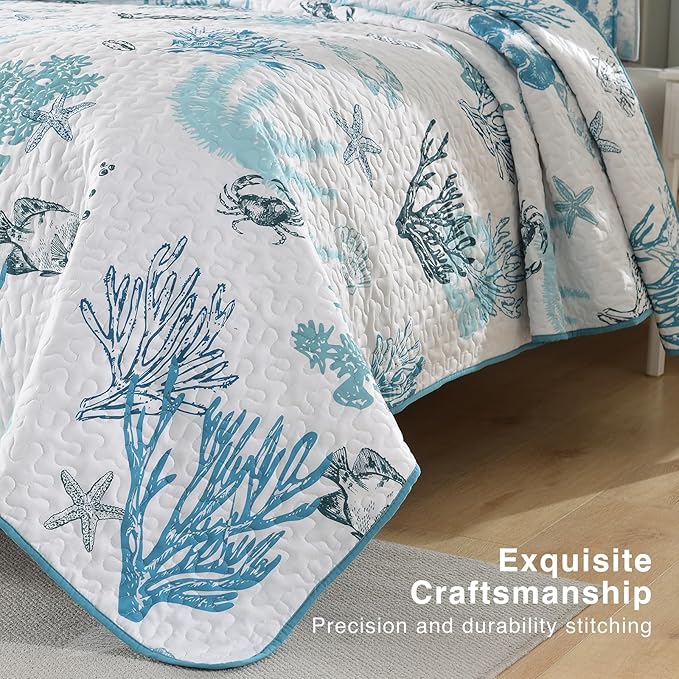 HORIMOTE HOME Coastal Quilt Bedding Set Queen Size, Reversible Blue Summer Beach Quilt Lightweight Ocean Nautical Comforter Tropical Bedspread Coverlet with 2 Pillow Shams for All Seasons (90"x96")