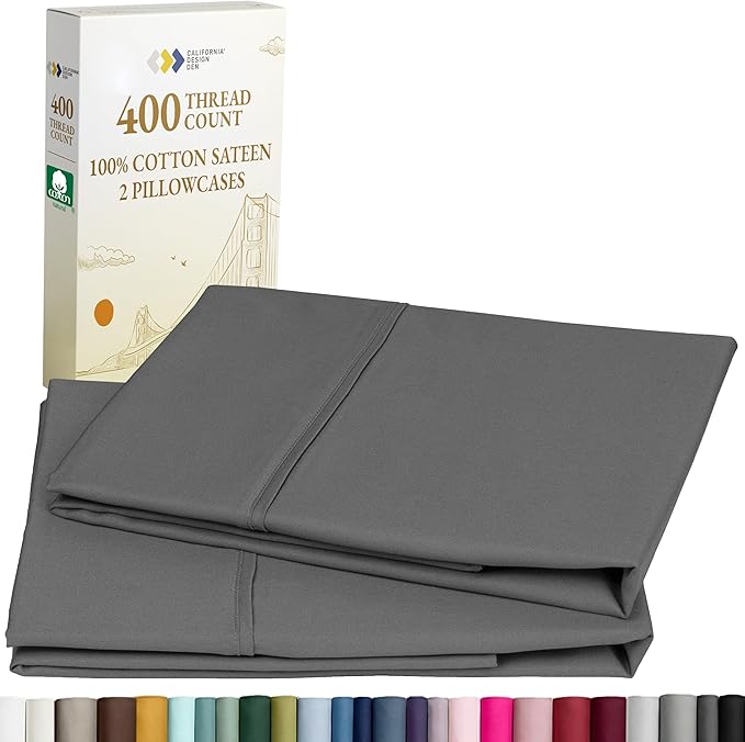 California Design Den King Size Pillowcase Set - 400 Thread Count, 100% Cotton Sateen, Set of 2 Pillow Covers, Soft and Breathable - Grey