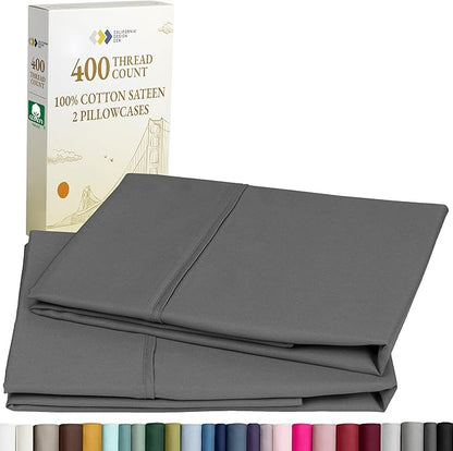 California Design Den King Size Pillowcase Set - 400 Thread Count, 100% Cotton Sateen, Set of 2 Pillow Covers, Soft and Breathable - Grey