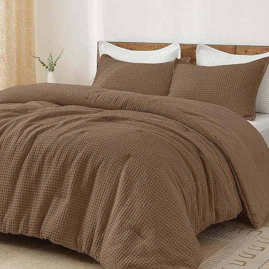 PHF Ultra Soft Waffle Weave Comforter Set King Size, 3 Pieces Lightweight Breathable Comfy Bedding Set, Comfy Textured 1 Comforter with 2 Pillow Shams, Mocha