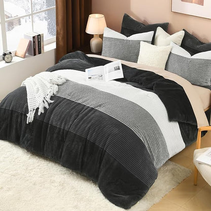 Litanika Fluffy Fleece Full Size Comforter Set, Luxury Soft Plush Fuzzy Grey White Stripe Bedding Comforter Sets, Warm Shaggy Faux Fur Bed Set All Season (1 Comforter, 2 Pillowcases)