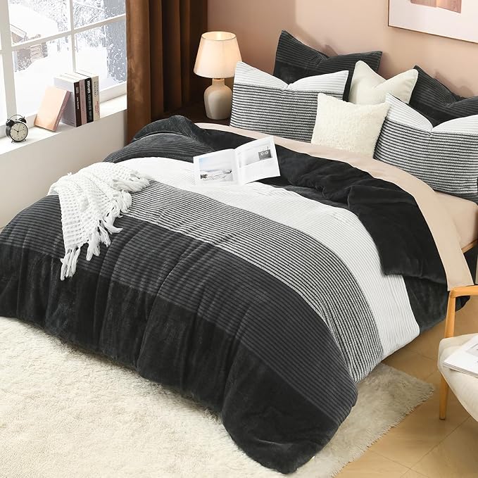 Litanika Fluffy Fleece Twin Comforter Set, Luxury Soft Plush Fuzzy Grey White Stripe Bedding Comforter Sets, Warm Shaggy Faux Fur Bed Set All Season (1 Comforter, 1 Pillowcase)