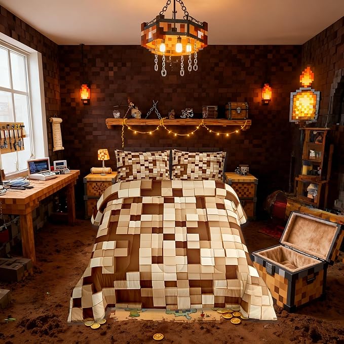 Pixelated Kids Bedding Set King Size,Patchwork Grid Video Games Comforter Set,Miners Lattice Simple Quilt Comforter,Light Brown Bedroom Duvet Insert,2 Pillowcases