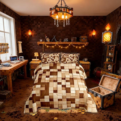 Pixelated Kids Bedding Set King Size,Patchwork Grid Video Games Comforter Set,Miners Lattice Simple Quilt Comforter,Light Brown Bedroom Duvet Insert,2 Pillowcases