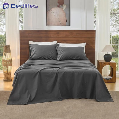 Bedlifes 100% French Pure Linen Sheets Queen Size Breathable and Cooling Flax Sheet Set Soft Durable and Moisture Wicking 16 Inch Deep Pocket-4 Piece(Queen,Dark Grey)