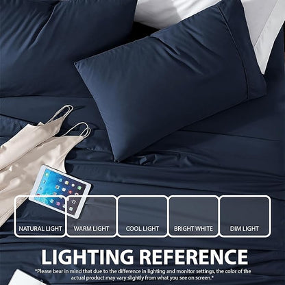 Cathay Home Essentials Ultra Soft Hypoallergenic Wrinkle Resistant Double Brushed Microfiber Bedding Sheet Set, Navy, Queen