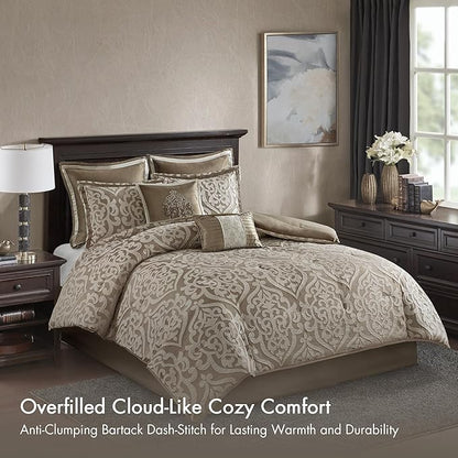 Madison Park Odette Cozy Comforter Set Jacquard Damask Medallion Design - Modern All Season, Down Alternative Bedding, Shams, Decorative Pillow, King(104 in x 92 in), Tan 8 Piece