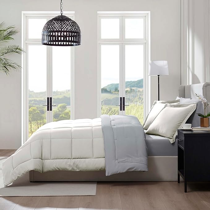 Nestl 7 Piece Full Comforter Set – Off White Reversible Bed in a Bag – Complete Full Size Bedding Set with Sheets, Pillowcases and Shams