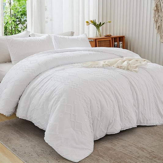 Andency White Tufted Comforter Set King(104x90Inch), 3 Pieces(1 Tufts Comforter, 2 Pillowcases) Boho Textured Farmhouse Bed, Microfiber Down Alternative Geometric Bedding Set
