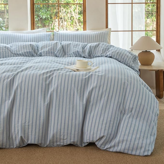 Luxury 100% Washed Cotton Linen Like Duvet Cover Set,3 Pcs Striped Duvet Cover with Zipper Closure(Strip-Cornflower Blue/White,King)