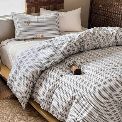 Striped Duvet Cover Full Off White Washed Cotton Comforter Cover Full Size Farmhouse Boho Soft Zipper Duvet Cover Set with 2 Pillowcases Grey Vertical Stripe Bedding Set Pattern Duvet Protector