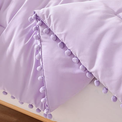 YIRDDEO Twin Comforter Set - Comforter Twin Size Bed with Ball Pom Fringe, Soft Bedding Set for All Seasons - 2 Pieces, 1 Comforter (66"x90") & 1 Pillow Sham(20"x26"), Lavender Purple