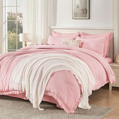 Andency Queen Comforter Set with Sheets Light Pink - 7 Pieces Boho Tassel Bed in a Bag Soft Lightweight Bedding Sets, Fringe Bed Set with Comforter, Sheets, Pillowcases & Shams