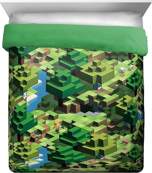 Jay Franco Minecraft Daytime 7 Piece Queen Bed Set - Includes Comforter & Sheet Set - Bedding Features Alex and Steve - Super Soft Fade Resistant Microfiber - (Official Minecraft Product)