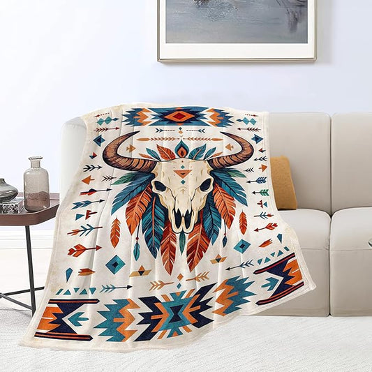 Western Cattle Skull Blanket Super Soft Warm Fluffy Fleece Flannel Throw Blanket Cozy Fuzzy Plush Stuff Bedding Blankets Gifts for Women Kids Boys Girls Adults 80"X60"