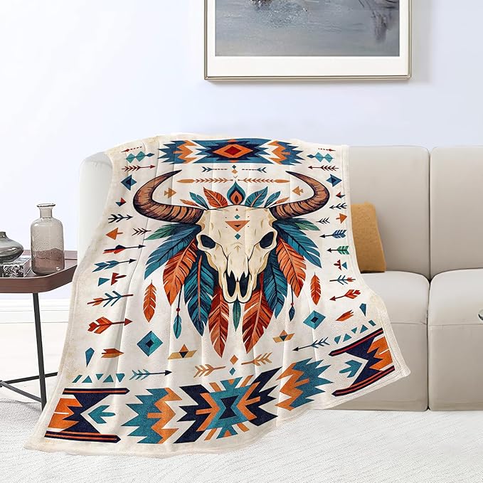 Western Cattle Skull Blanket Super Soft Warm Fluffy Fleece Flannel Throw Blanket Cozy Fuzzy Plush Stuff Bedding Blankets Gifts for Women Kids Boys Girls Adults 50"X40"