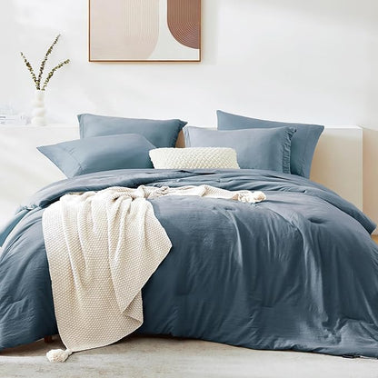 WRENSONGE Queen Comforter Set- 7 Pieces Soft Oxford Blue Bed in a Bag with Fitted Sheet, Flat Sheet, 2 Pillow Shams, and 2 Pillowcases- Warm Bedding Sets Queen for All Season