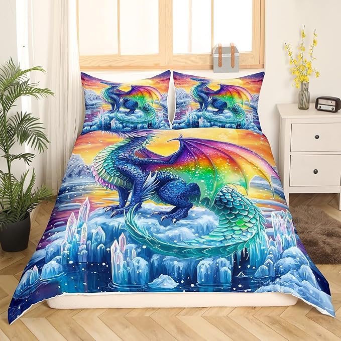 Feelyou Dragon Bedding Duvet Cover Set King Size 3D Dragon Theme Bedding Set for Kids Boys Decor Ancient Wildlife Dragon Deep Animal Scale Ice Comforter Cover Set Colorful Bedspread Cover,No Comforter