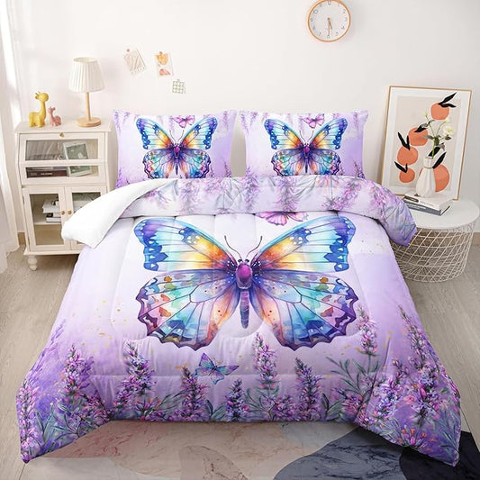 Lavender Comforter Set Twin Size,Violet Flower Butterfly 3 Piece Bedding Set Lightweight Down Alternative Spring Violet Bed Comforter and 2 Pillowcases for All Seasons