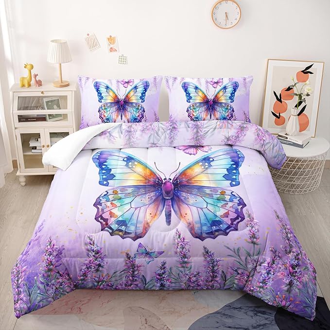 Lavender Comforter Set Queen Size,Violet Flower Butterfly 3 Piece Bedding Set Lightweight Down Alternative Spring Violet Bed Comforter and 2 Pillowcases for All Seasons