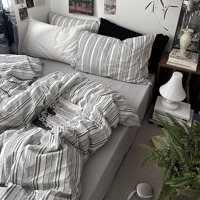 MKXI Queen Size Charcoal Grey & White Striped Duvet Cover Set - 3 Piece Modern Washed Cotton Bedding, Soft Breathable Comforter Cover with Zipper Closure & Corner Ties, Minimalist Geometric Design