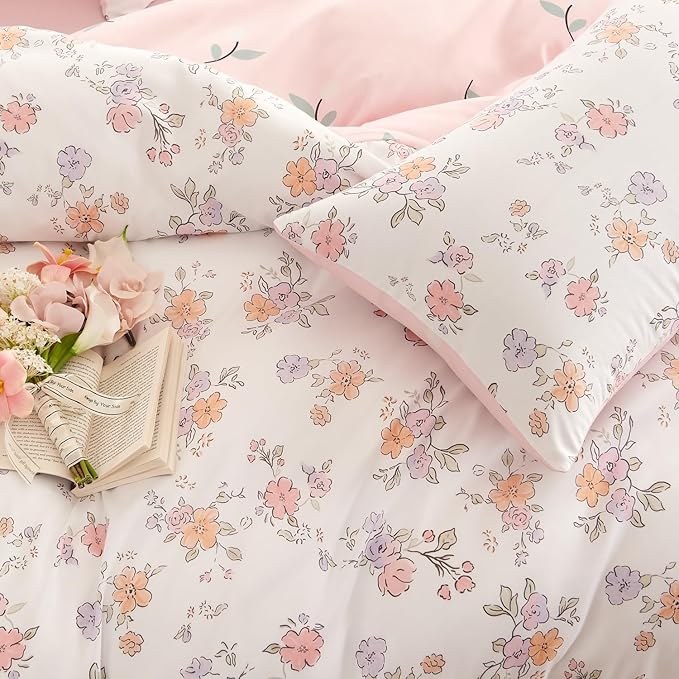 Floral Comforter Set Twin Size - 2 Pieces Pink White Floral Comforter Bedding Sets Reversible Pattern,Twin Bed in a Bag with Flowers Comforter and 1 Pillowcase