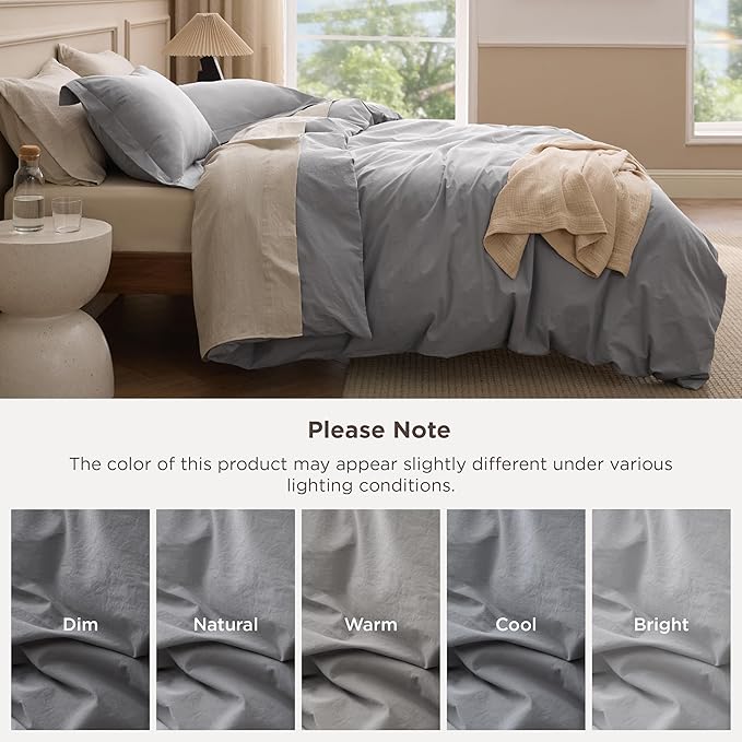 Bedsure 100% Washed Cotton Duvet Cover Queen Size - Grey Minimalist Bedding Set Linen Like - PureWoven Plain Simple & Soft Comforter Cover for All Seasons, 3 Pieces (Grey, Queen, 90"x90")