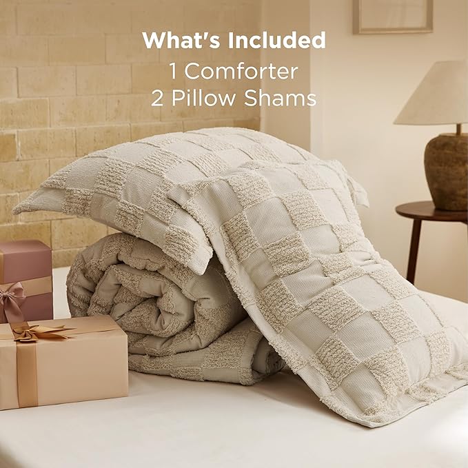 Bedsure Queen Size Comforter Set Beige, Boho Tufted Bed Set, Checkered Farmhouse Shabby Chic Bedding, 3 Pieces, 1 Plaid Geometric Comforter and 2 Pillow Shams