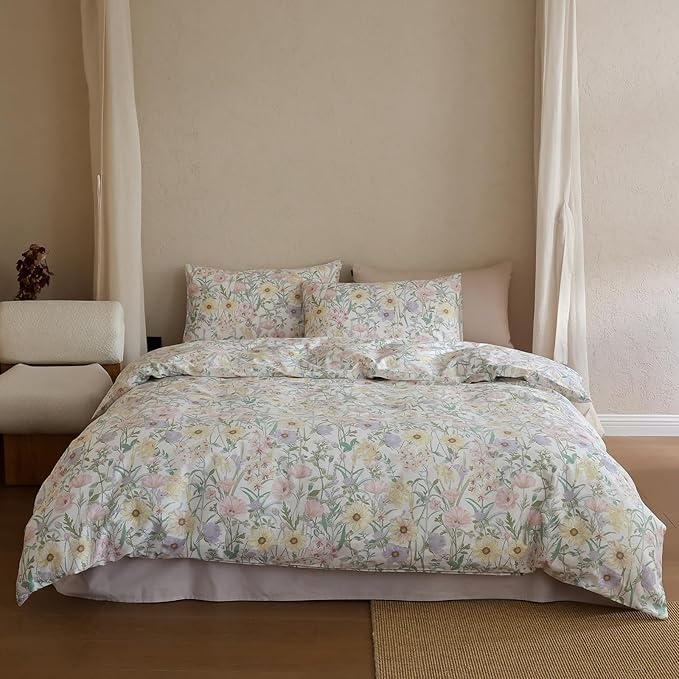 Floral Full Comforter Sets Cotton Fluffy Bedding Set Lightweight Vintage Down Alternative Girly Bedding Comforter Sets Chic 3 Piece Boho Farmhouse Bed Comforter with 2 Pillowcases