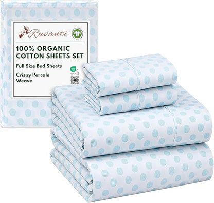 RUVANTI 100% Organic Cotton Sheets Full Size, Percale Weave, GOTS Certified, 4-Piece Set, Deep Pocket 15", Crisp & Breathable, Soft Durable Bedding, Sábanas Algodón Orgánico – Circle Imprint