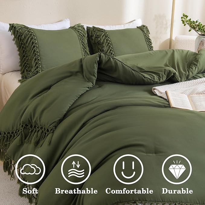 Andency Olive Green Full Size Comforter Set, 3 Pieces Boho Tassel Lightweight Soft Bedding Comforter Sets, All Season Fluffy Fringe Bed Set (79x90In Comforter & 2 Pillowcases)