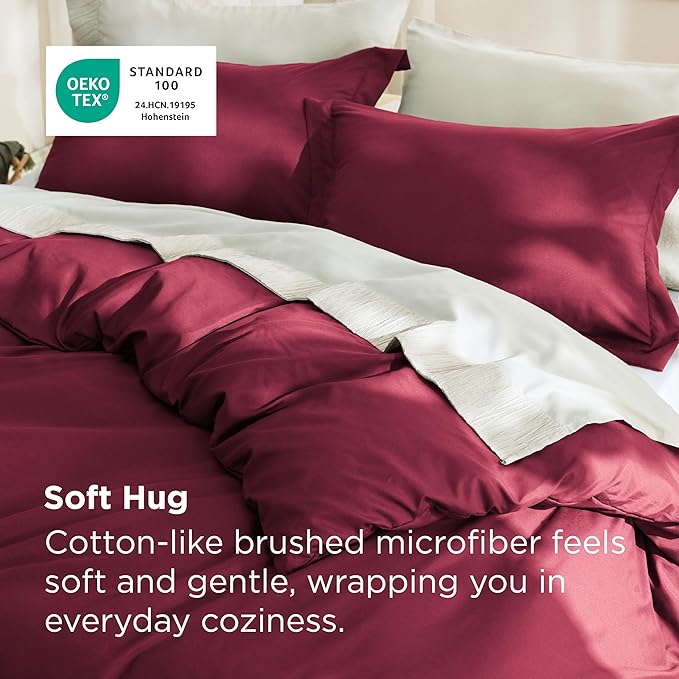 Bedsure Duvet Cover Queen Size - Soft Double Brushed Bedding Set for Kids & Adults, Zipper Closure, 3 Pieces, Includes 1 Duvet Cover (90"x90") & 2 Pillow Shams, NO Comforter, Burgundy Red