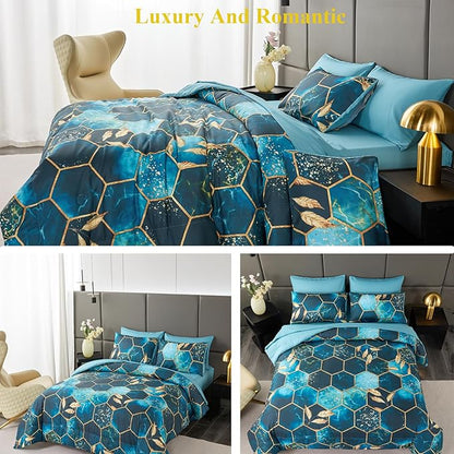 ANGIYUIN Teal Gold Bedding Set King Geometric Honeycomb Bedding Comforter Sets, 7Pcs Hexagon Watercolor Bed in A Bag, Marble Foil Print Bed Sets with Sheets Pillowcases (Teal King)