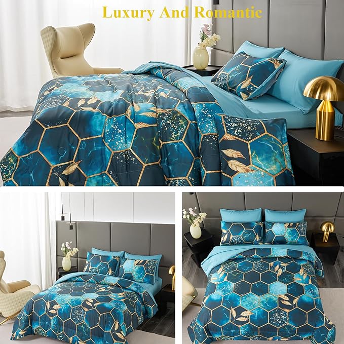 ANGIYUIN Turquoise Gold Hexagon Queen Comforter Set, 7Pcs Honeycomb Bed in A Bag Marble Printed Bed Sets Gold Trim Bedding Comforter Sets, Foil Print Bedding Sets with Sheets Pillowcases (Teal Queen)
