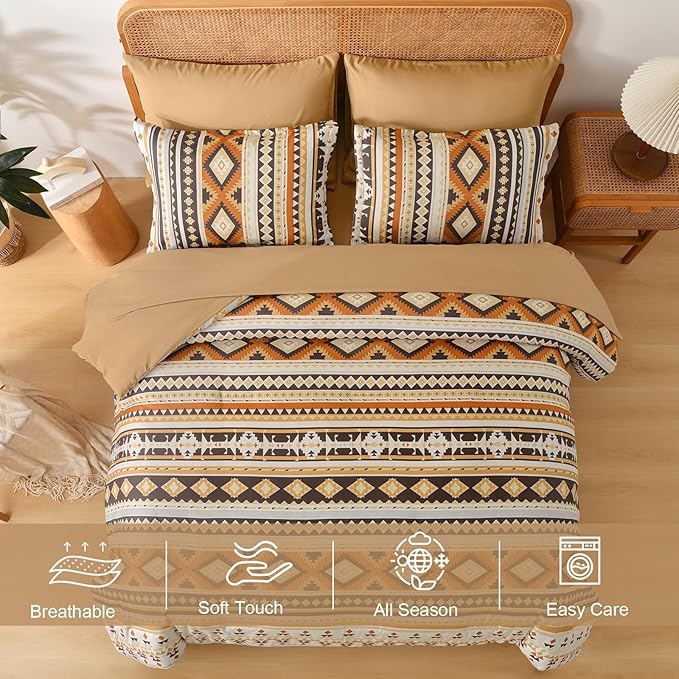 Dinjoy Comforter Set Queen Size Boho,Yellow Brown 7 Pieces Bed in a Bag Queen Fall Bedding Sets Aztec Comforters with Sheets Western Striped Complete Set for Winter Family 90"x90"