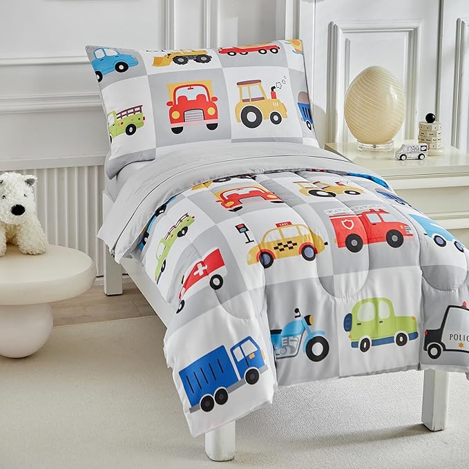 White Gray Toddler Bedding Set for Boys Girls Colorful Cars Vehicle Auto Fire Engine Bulldozer 4PC Toddler Bed Set - Soft Cute Toddler Plaid Patchwork Bed in a Bag with Sheet Set and Pillow Shams