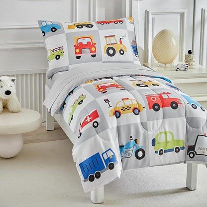 White Gray Toddler Bedding Set for Boys Girls Colorful Cars Vehicle Auto Fire Engine Bulldozer 4PC Toddler Bed Set - Soft Cute Toddler Plaid Patchwork Bed in a Bag with Sheet Set and Pillow Shams