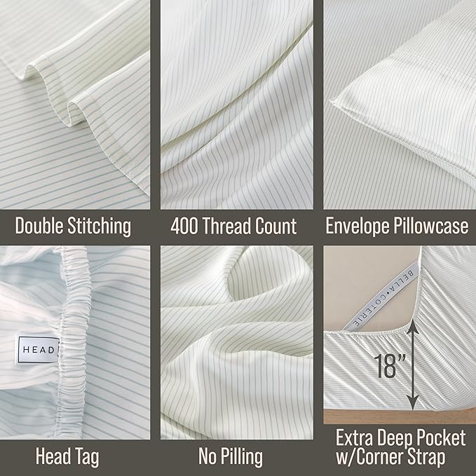 Bella Coterie Luxury Bamboo Viscose Queen Size Sheet Set | 100% Organically Grown | Ultra Soft | Cooling for Hot Sleepers | 18" Deep Pocket [Striped Coastal Blue]
