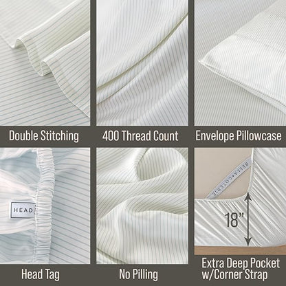 Bella Coterie Luxury Bamboo Viscose Queen Size Sheet Set | 100% Organically Grown | Ultra Soft | Cooling for Hot Sleepers | 18" Deep Pocket [Striped Coastal Blue]