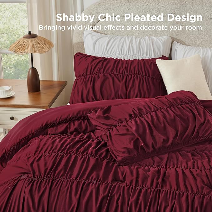Andency Ruched Burgundy King Size Comforter Set, Shabby Chic Pleated Bedding Sets 3 Pieces, Lightweight Soft Boho Ruffle Bed Set for Girls, Kids, Women, All Season
