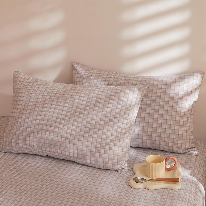 Plaid Comforter King Size Set Boho Down Alternative Bedding Set Puffy Washed Cotton Fluffy Cozy Bedding Comforter Sets Cottage Core Soft Farmhouse Aesthetic Bed Comforter with 2 Pillowcases