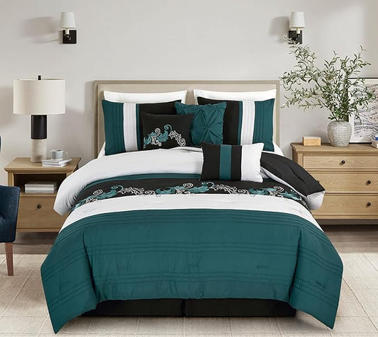 Chezmoi Collection Napa 7-Piece Luxury Leaves Scroll Embroidery Bedding Comforter Set (Queen, Teal/Black/Gray)