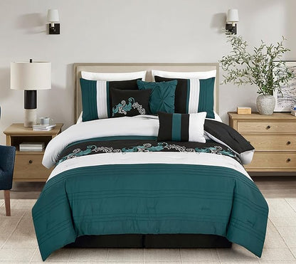 Chezmoi Collection Napa 7-Piece Luxury Leaves Scroll Embroidery Bedding Comforter Set (Full, Teal/Black/Gray)