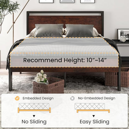 SHA CERLIN 14 Inch Queen Size Metal Platform Bed Frame with Wooden Headboard and Footboard, Mattress Foundation, No Box Spring Needed, Large Under Bed Storage, Non-Slip Without Noise, Mahogany